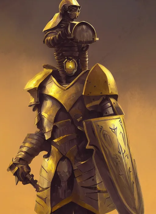 Image similar to portrait of a warforged character in yellow armor holding a paladin engraved longsword and carrying a big shield, epic concept art, trending on ArtStation, cinematic lighting by Greg Rutkowski