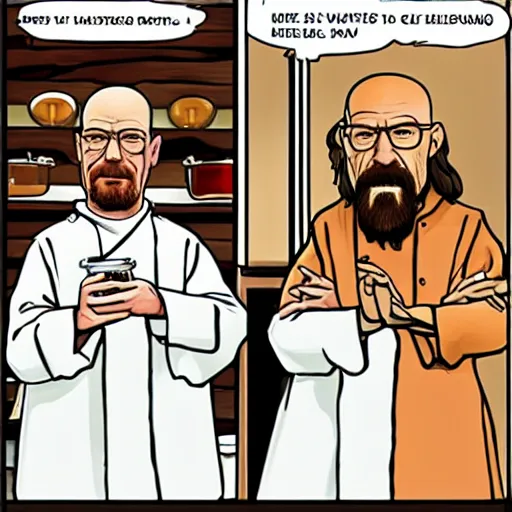 Image similar to walter white and jesus cooking together in a restaurant