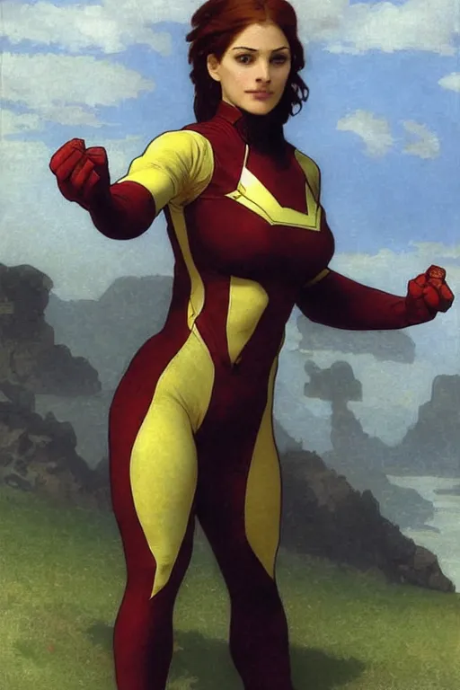 Prompt: Jean Elaine Grey Summers (Phoenix) from the X-Men fully fully costumed by William Adolphe Bouguereau