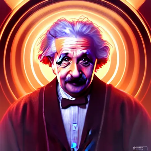 Image similar to symmetry!! portrait of albert einstein as obi - wan, sci - fi, tech wear, glowing lights!! intricate, elegant, highly detailed, digital painting, artstation, concept art, smooth, sharp focus, illustration, art by artgerm and greg rutkowski and alphonse mucha