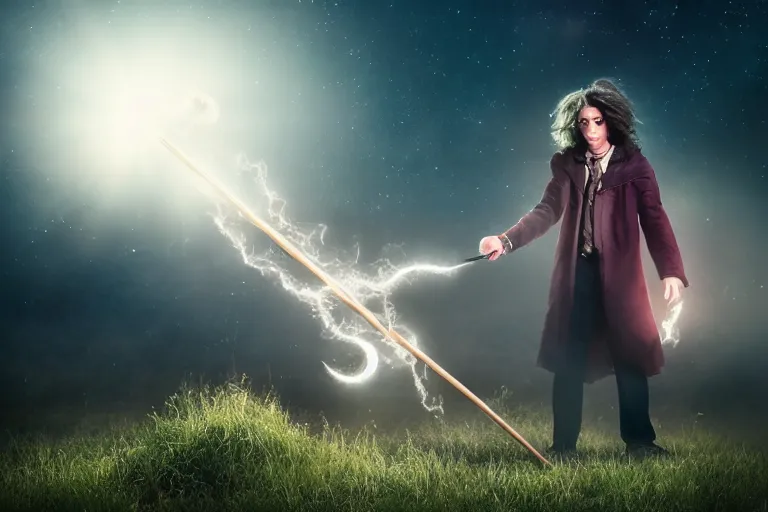 Image similar to a young adult wizard with very realistic face and hair points their wand from which a blast of bright magic flies from the end, on an empty moonlit hill, dramatic lighting, lens flare, cinematic photography