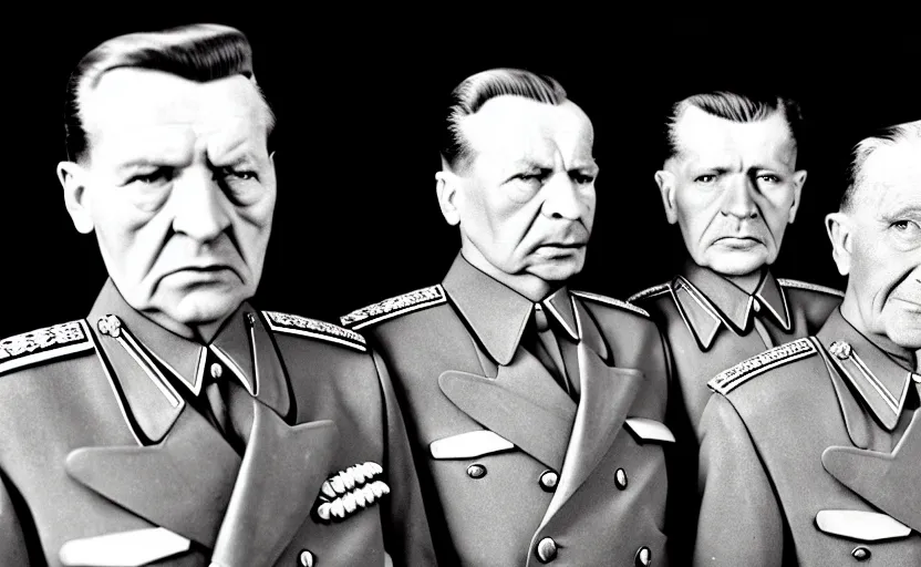 Image similar to 50s movie still close-up portrait of three individual elder soviet generals with very diverses faces in a stalinist style hall, by Irving Penn, Cinestill 800t 50mm black and white, heavy grainy picture, very detailed, high quality, 4k, HD criterion, precise texture, facial precision, diverse haircuts, diverse ages, each faces precisely define