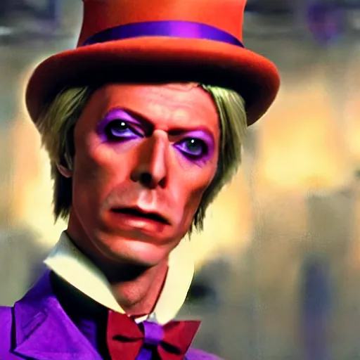 Prompt: awe inspiring David Bowie pkaying Willy Wonka 8k hdr movie still dynamic lighting