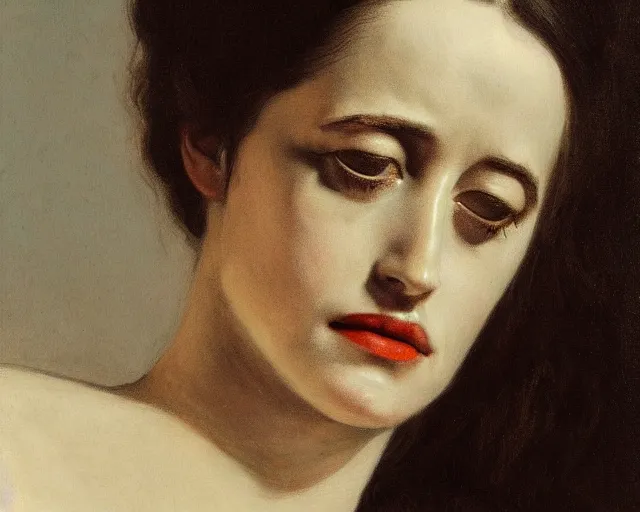 Image similar to portrait en buste of eva green in repose by Hughes Merle, perfectly detailed eyes, realistic fabric, abundant detail