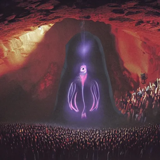 Prompt: photo, a giant massive huge crowd of people in black cult robes holding lit fire torches worshipping a giant huge massive idol of an alien owl bat monster made of shiny reflective colorful latex, inside a massive dark cave, dripping blood raining from above, fog and mist, a beam of moonlight from a hole in the cave ceiling