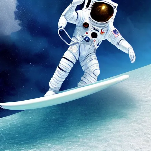 Image similar to a beautiful digital painting of an astronaut in a white and royal blue luxurious space suit surfing a tsunami on a chic surfboard at Pamukkale, thermal waters flowing down gold travertine terraces by greg rutkowski, award winning photo, trending on artstation, highly detailed, unreal engine, octane render