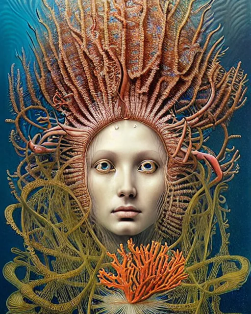 Prompt: realistic detailed underwater face portrait of the beutiful young goddess of the fish of the fractal waters with an intricate headdress of corals, sea kelp, sea plants, coral reef, fish, jellyfish, art by ernst haeckel, zdzisław beksinski, hieronymus bosch, gothic, neo - gothic, ornamental, beautiful deep colours,