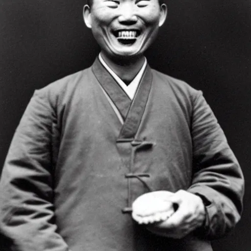 Prompt: a photo of a happy man from qing empire holding a hamburger, award winning photo, high quality, 1 9 th century photo, highly detailed, black and white