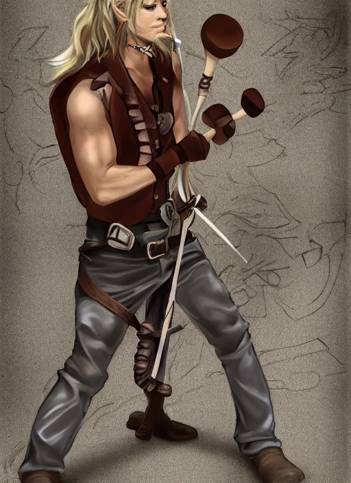 Image similar to a male ranger with a bongo drum and nunchucks,, dnd, wearing a leather vest and white linen pants, chiseled good looks, long swept back blond hair, puka shell necklace, digital art