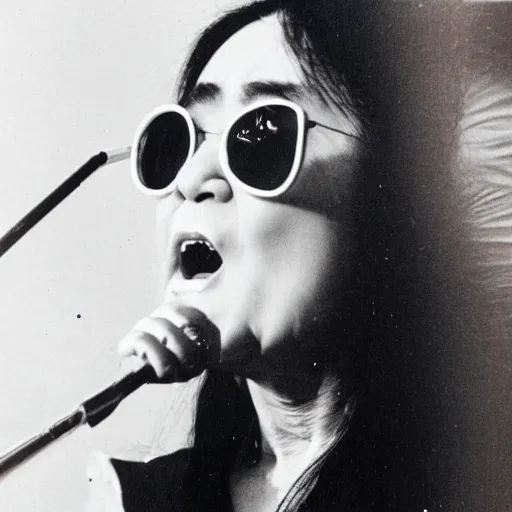 Prompt: yoko ono emitting a spiral galaxy sound wave from her mouth as she screams