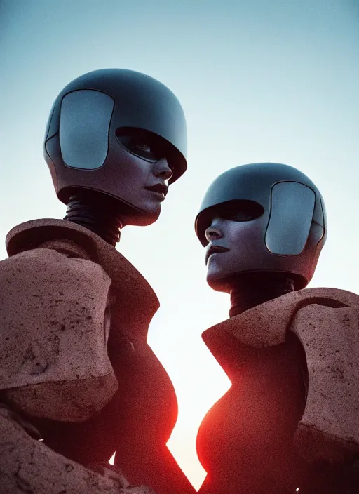 Prompt: cinestill 5 0 d f / 3 2 3 5 mm photographic portrait of two loving female androids wearing rugged black techwear on a desolate plain with a brutalist monument and a red sky, extreme closeup, cyberpunk style, dust storm, 8 k, hd, high resolution, ultra realistic faces, ex machina