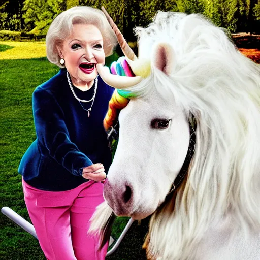 Image similar to betty white riding a unicorn