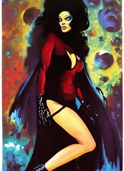 Image similar to seventies horror actress, sequinned dress, dark night, strong line, deep color, beautiful! coherent! by brom, by frank frazetta,