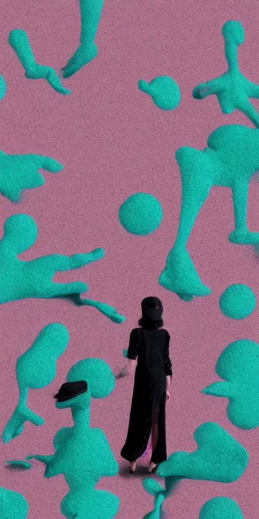 Image similar to totally crazy LET'S GO, pastel colors, hyper-realism, pastel, polkadots, minimal, simplistic, amazing composition, woman, vaporwave, wow, Gertrude Abercrombie, Beeple, minimalistic graffiti masterpiece, minimalism, 3d abstract render overlayed, black background, psychedelic therapy, trending on ArtStation, ink splatters, pen lines, incredible detail, creative, positive energy, happy, unique, negative space, pure imagination painted by artgerm