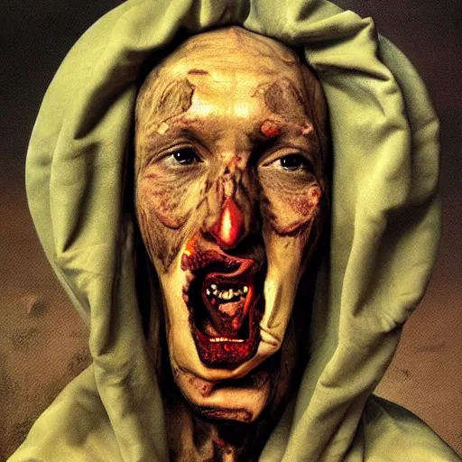 Prompt: the blasphemous caricature of the human face, hyperealistic detailed photography, divinity, awful, religious art