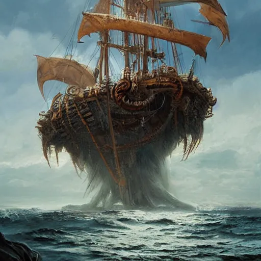 Image similar to pirate on ship's crow nest watching for a land , giant tentacles coming up from the sea ,hyperdetailed,hyperrealistic,photorealistic,art by trevor henderson,greg rutkowski,artstation,deviantart