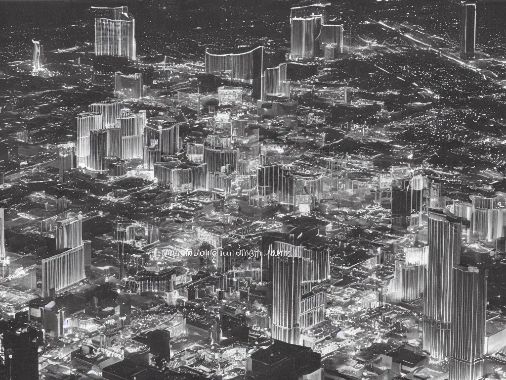 Prompt: isometric view of Las Vegas skyscraper at night, detailed, dirty, filth and grime, aerial view, photography 1975