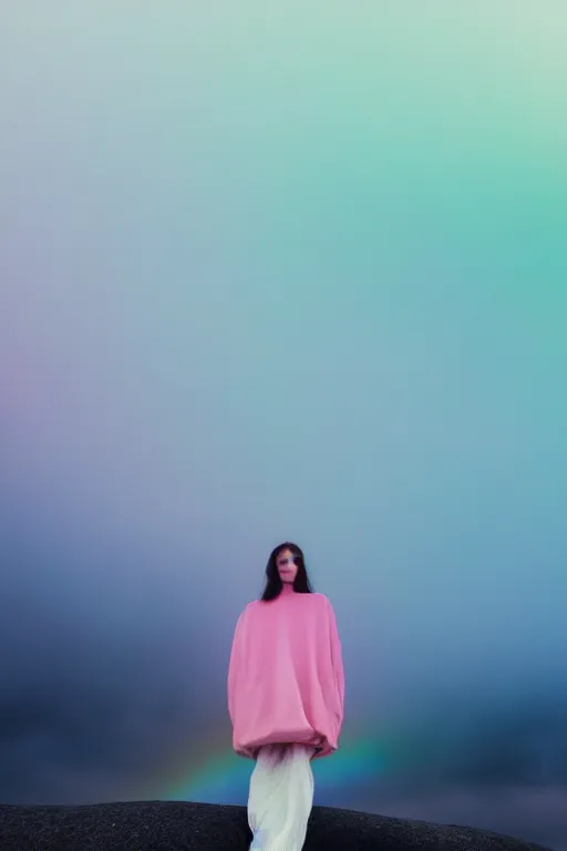 Image similar to high quality pastel coloured film close up wide angle photograph of a model wearing clothing resting on cloud furniture in a icelandic black rock!! environment in a partially haze filled dreamstate world. three point light, rainbow. photographic production. art directed. pastel colours. volumetric clouds. pastel gradient overlay. waves glitch artefacts. extreme facial clarity. 8 k. filmic.