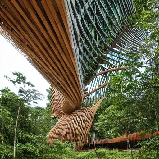 Image similar to timber megastructure in the middle of the jungle, parametric architecture, concept art, behance