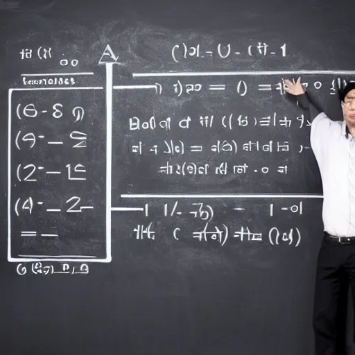 Image similar to god of mathematics in front of a blackboard, solving the formula of the universe