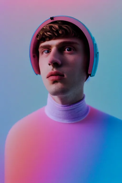 Image similar to high quality pastel coloured film mid angle portrait photograph of a beautiful young 2 0 year old male, soft features, short hair, perspex space visor and oversized inflated clothing!!!! icelandic black! rock pool environment. atmospheric three point light. photographic. art directed. ( pastel colours ). volumetric. clearcoat. waves. 8 k. filmic.