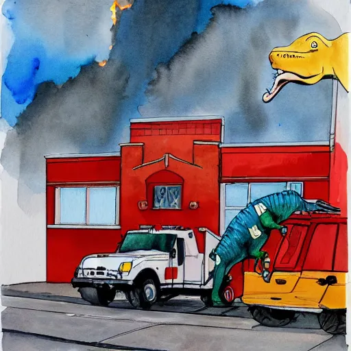 Image similar to dinosaurs at a fire station, watercolor illustration