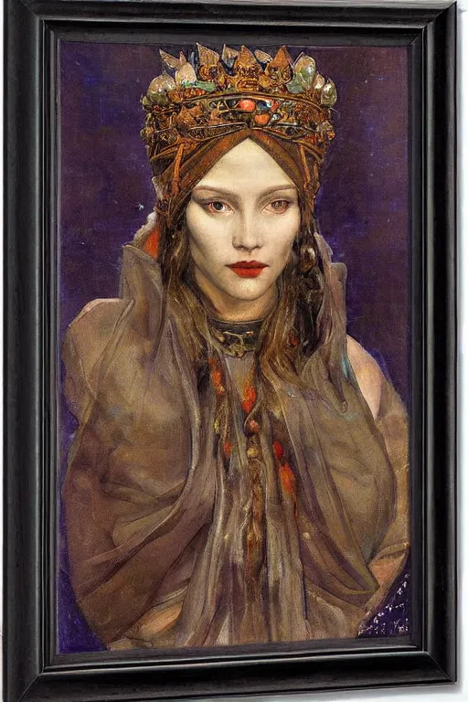 Prompt: queen of winter by Annie Swynnerton and Nicholas Roerich, strong dramatic cinematic lighting , ornate headdress , flowing robes, lost civilizations, smooth, sharp focus, extremely detailed