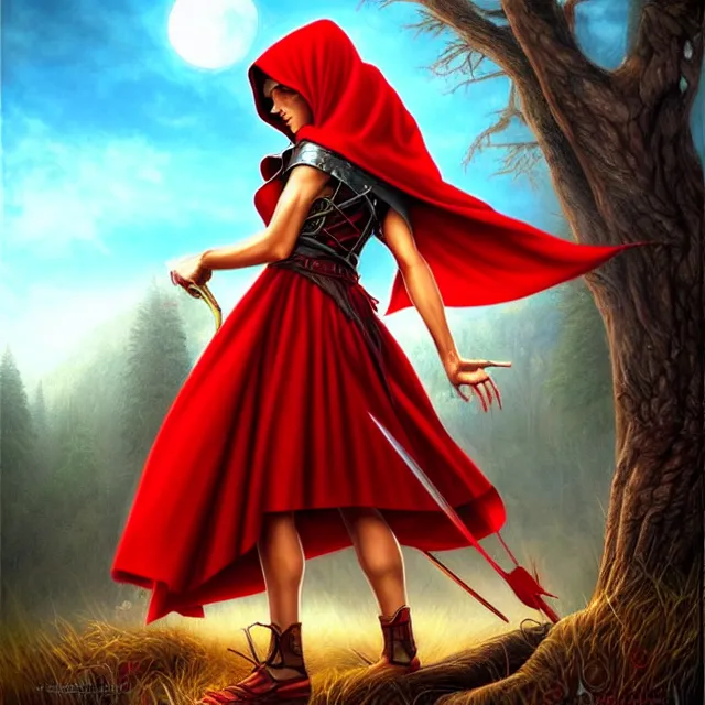 Image similar to beautiful!! red riding hood warrior artgerm anne stokes highly detailed 8 k hdr smooth sharp focus high resolution award - winning photo photorealistic