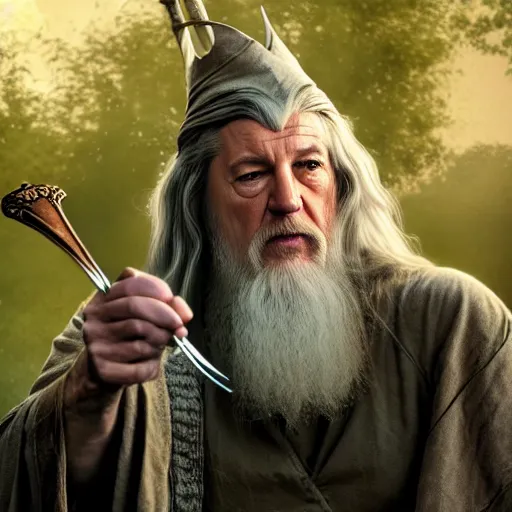 Image similar to A beautiful hyper realistic ultra detailed lifelike matte painting of Nathan Fillion as Gandalf the grey casting a fork spell in apiary, unreal engine, deviantart, flickr, artstation, octane render, textured, colorful, extreme realistic detail, physically based rendering, pbr render, very detailed, volumetric lighting, detailed lighting, octane render, 4k, cinematic lighting, 8k resolution