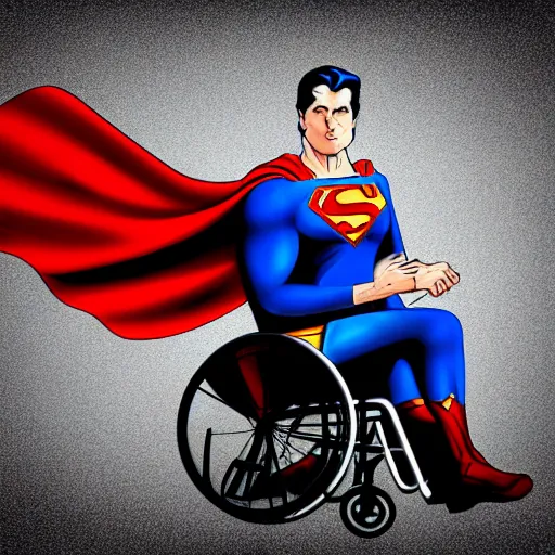 Image similar to superman in a wheelchair, color film, photorealistic,