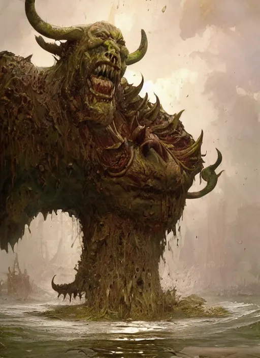 Image similar to huge towering brute swamp demon king emerging from lake on sunny day, splashing, by sergey kolesov and lawrence alma tadema and norman rockwell and greg staples and craig mullins and john berkey and ruan jia, artstation creature art, photoreal