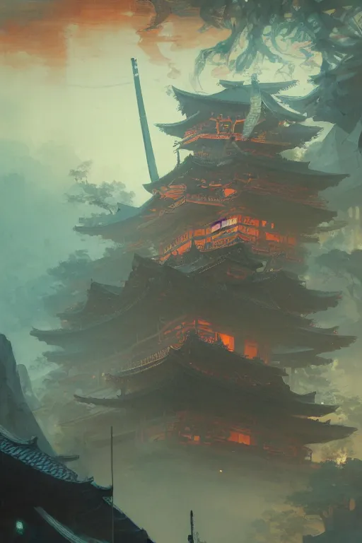 Prompt: Japanese shogun, illustrated by Greg Rutkowski and Gaston Bussiere, 35mm lens, beautiful macro close-up imagery, vibrantly lush neon lighting, beautiful volumetric-lighting-style atmosphere, a futuristic atmosphere, intricate, detailed, photorealistic imagery, trending on artstation, 4k, 8k