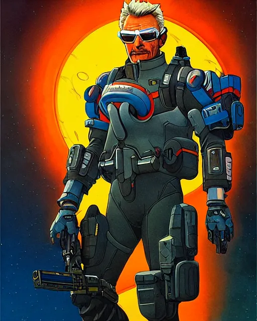 Image similar to soldier 7 6 from overwatch, character portrait, portrait, close up, concept art, intricate details, highly detailed, vintage sci - fi poster, retro future, in the style of chris foss, rodger dean, moebius, michael whelan, and gustave dore