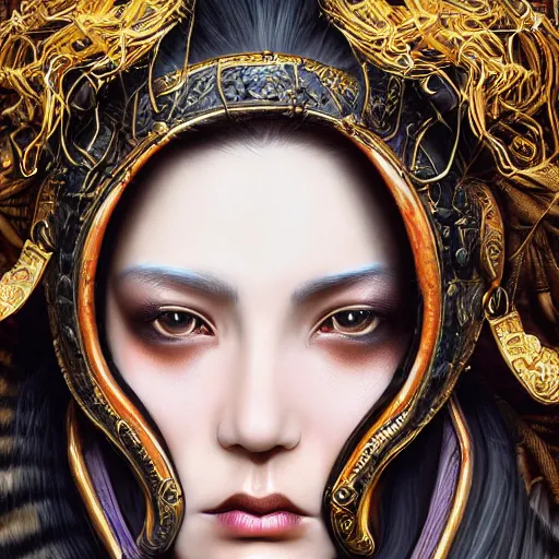 Image similar to portrait, headshot, insanely nice professional hair style, dramatic hair color, digital painting, of a old 17th century, old cyborg merchant, amber jewels, baroque, Chinese Three Kingdoms, ornate clothing, scifi, realistic, hyperdetailed, chiaroscuro, concept art, art by Franz Hals and Jon Foster and Ayami Kojima and Amano and Karol Bak,