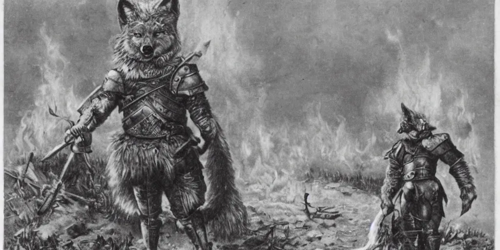 Image similar to anthropomorphic furry wolf in armor standing in front of a burning village, 1900s picture