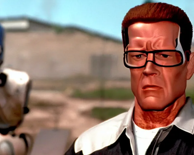 Image similar to a still of hank hill in terminator 2 judgement day