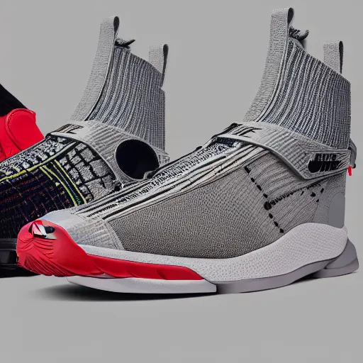 Image similar to a studio photoshoot of a Nike Air x Acronym Lebron sneaker collab designed by Errolson Hugh, air technology, geometric, knitted mesh material, realistic, color film photography by Tlyer Mitchell, 35 mm, graflex