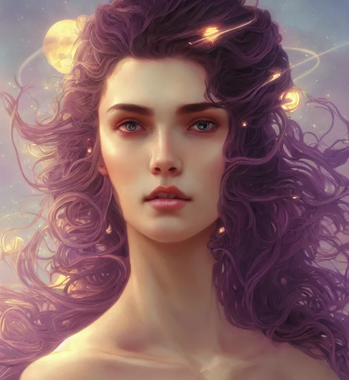 Prompt: beautiful, haunting young woman, detailed gorgeous face, flowing hair, vaporwave aesthetic, synthwave, space and planets in her hair along her face, digital painting, artstation, concept art, smooth, sharp focus, illustration, art by artgerm and greg rutkowski and alphonse mucha