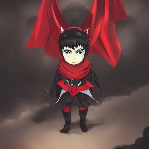 Prompt: little boy with cat ears in an black latex suit with red cape. digital artwork made by lois van baarle and kentaro miura, sharpness focus, anatomically correct, heroic composition, hero pose