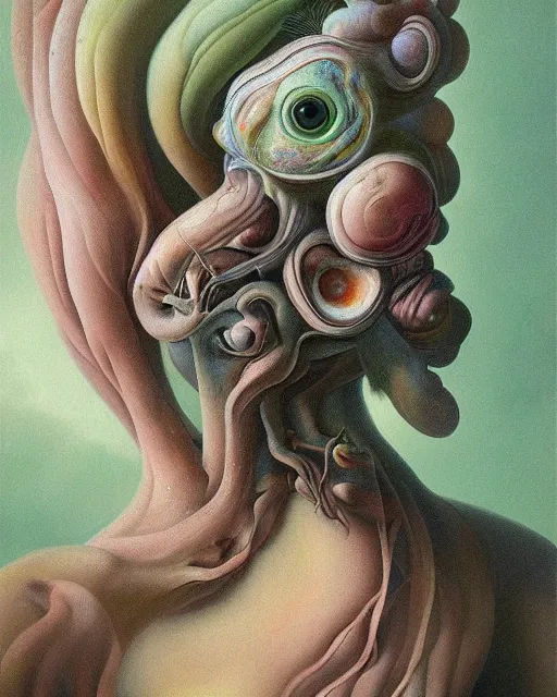 Prompt: strange, looming head, biomorphic painting of a woman with large eyes, pastel colours by, rachel ruysch, and charlie immer, highly detailed, fluid acrylic, airbrush art, timeless disturbing masterpiece