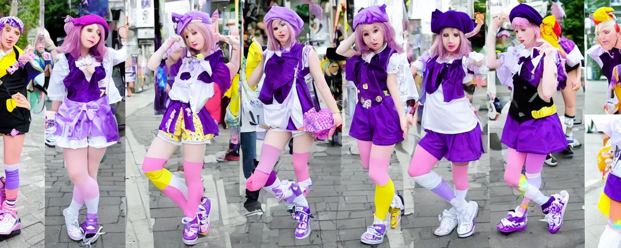 Image similar to A character sheet of a cute magical girl with short blond hair and freckles wearing an oversized purple Beret, Purple overall shorts, Short Puffy pants, pointy jester shoes, a big yellow scarf, and white leggings. Rainbow accessories all over.Photo Collage. Decora Fashion. harajuku street fashion. Cosplay. E-Girl. Kawaii Design. Intricate. Highly Detailed. Photorealistic. Sunlit