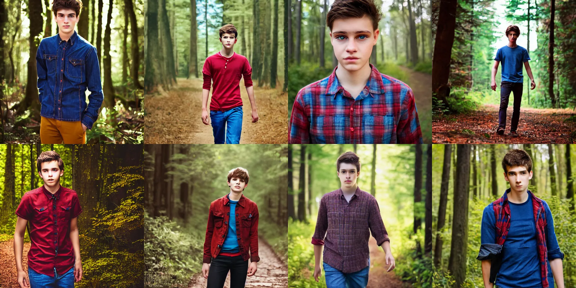 Prompt: walking in forest, portrait, male teenager, detailed face, brown hair, red shirt, blue jeans, realistic photo.