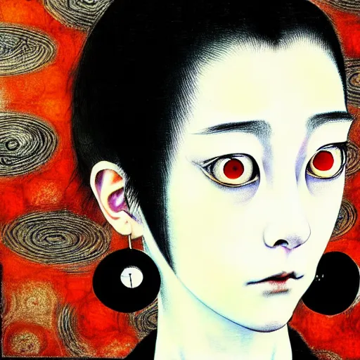 Image similar to yoshitaka amano blurred and dreamy realistic three quarter angle horror portrait of a sinister young woman with short hair, big earrings and red eyes wearing office suit with tie, junji ito abstract patterns in the background, satoshi kon anime, noisy film grain effect, highly detailed, renaissance oil painting, weird portrait angle, blurred lost edges