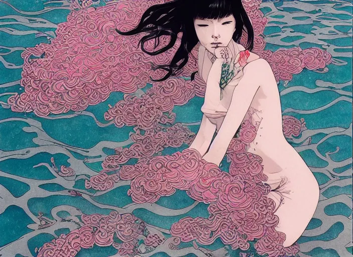 Image similar to lee jin - eun in luxurious dress emerging from pink and turquoise water in renaissance city during an eclipse by takato yamamoto, nicola samuri, conrad roset, m. k. kaluta, martine johanna, rule of thirds, elegant look, beautiful, chic, face anatomy, cute complexion