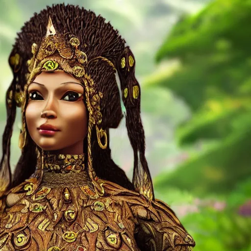 Image similar to a regal brown woman wearing an intricate dewdop armor. very detailed. woman is surrounded by lush green tropical forest. extremely photorealistic.