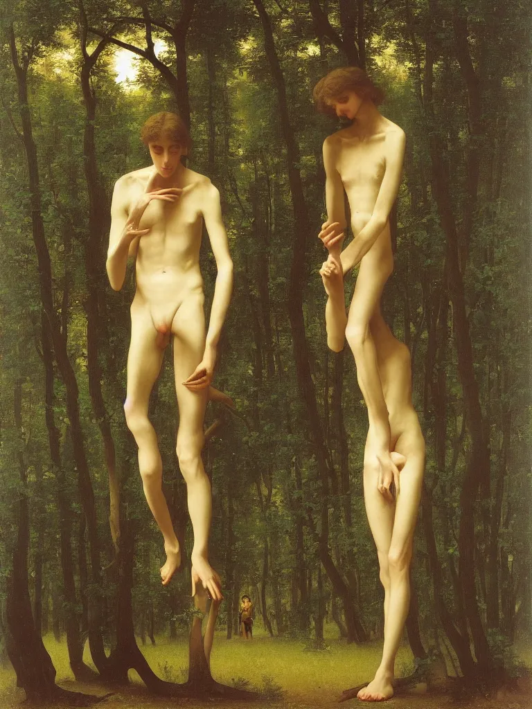 Image similar to young man with long body and long limbs is walking through the forest by the moonlight, by bouguereau and by andrey remnev