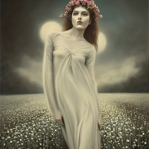 Prompt: By Tom Bagshaw, ultra realist soft painting of a flower field by night, long dress female, horror, omnious sky, symmetry accurate features, very intricate details, black and white, volumetric light clouds