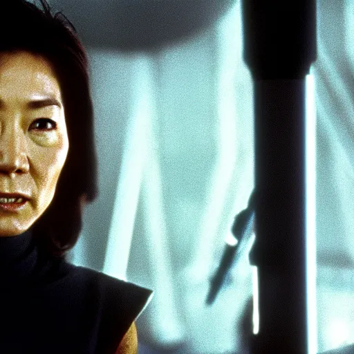 Image similar to michelle yeoh playing as luke sywalker in star wars ( 1 9 7 7 ) sharp focus, shallow depth of field, 4 k editorial photograph, cinematic lighting