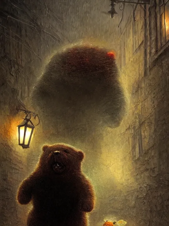 Image similar to A huge scary gummy bear killer is chasing me at night,dark street,alone,dim light,realistic,by Andrei Riabovitchev,Alex Horley,Heather Theurer,aaron horkey,Greg Rutkowski,trending on pinterest,full of color,cinematic,cinematic lighting