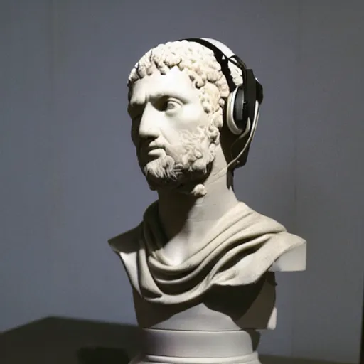 Image similar to roman bust wearing headphones, vaporwave!!!!! aesthetic
